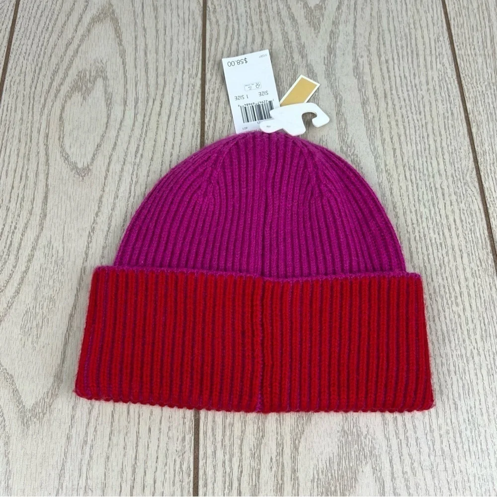 Michael Kors Women's Two Tone Color Block Ribbed Beanie OS Magenta Red $58